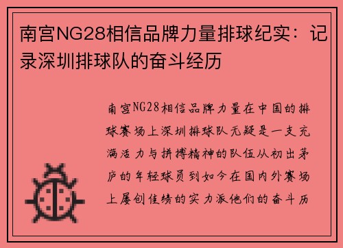 南宫NG28相信品牌力量排球纪实：记录深圳排球队的奋斗经历
