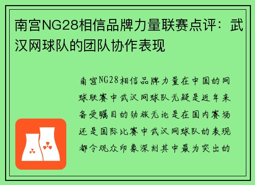 南宫NG28相信品牌力量联赛点评：武汉网球队的团队协作表现
